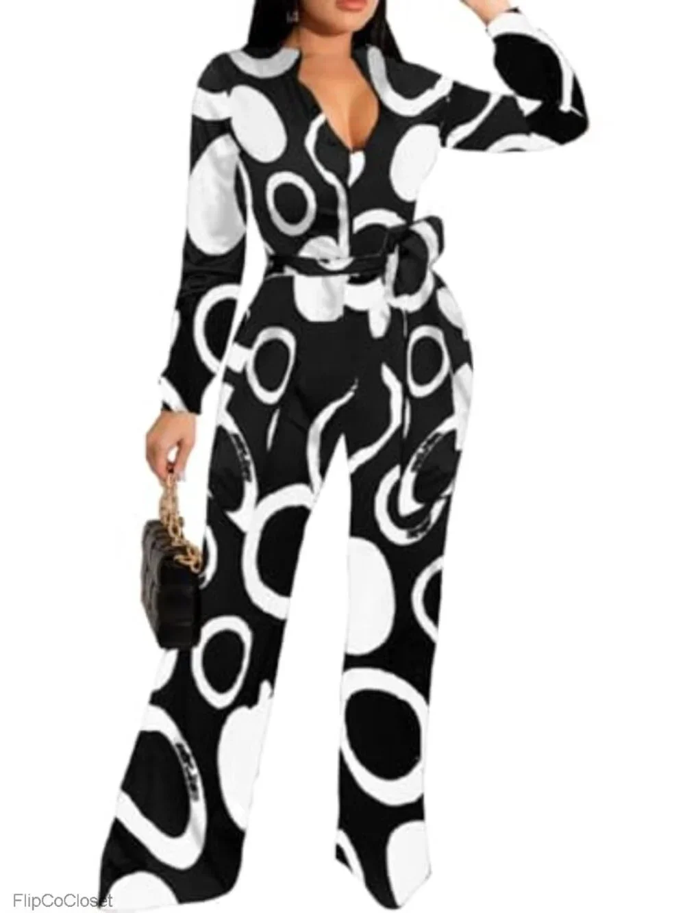 Women's Stretchable Wide Leg Jumpsuit with Belt & Pockets